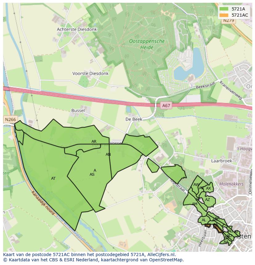Afbeelding van het postcodegebied 5721 AC op de kaart.