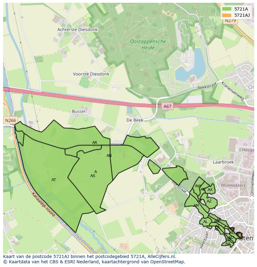 Afbeelding van het postcodegebied 5721 AJ op de kaart.