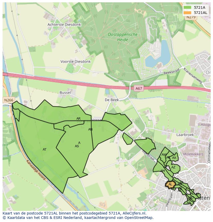 Afbeelding van het postcodegebied 5721 AL op de kaart.