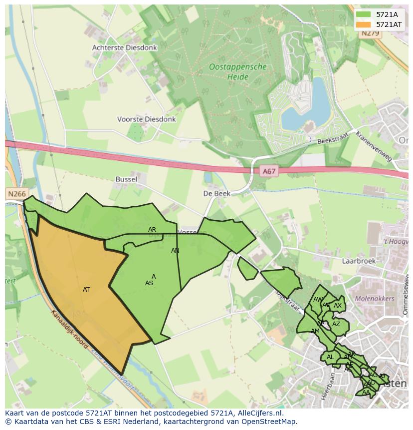 Afbeelding van het postcodegebied 5721 AT op de kaart.