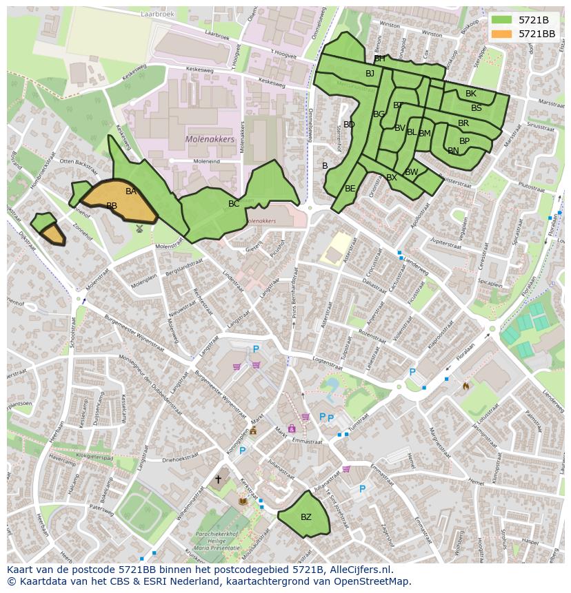 Afbeelding van het postcodegebied 5721 BB op de kaart.