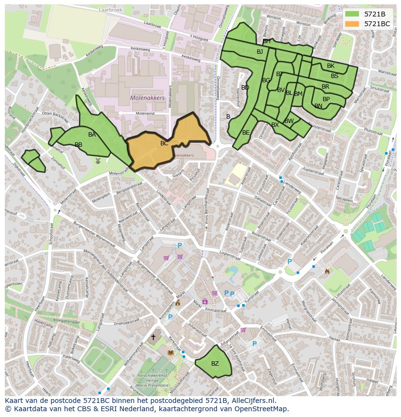 Afbeelding van het postcodegebied 5721 BC op de kaart.