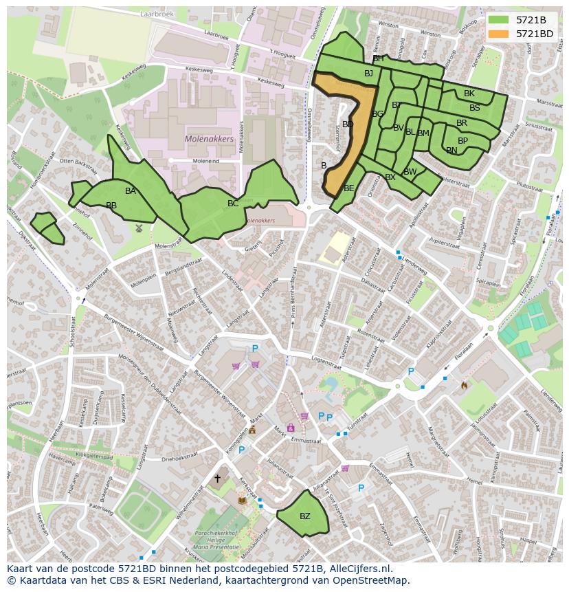 Afbeelding van het postcodegebied 5721 BD op de kaart.