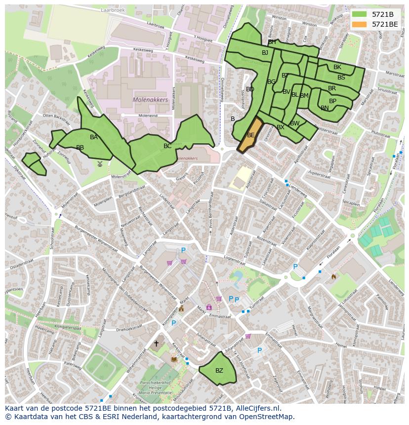 Afbeelding van het postcodegebied 5721 BE op de kaart.