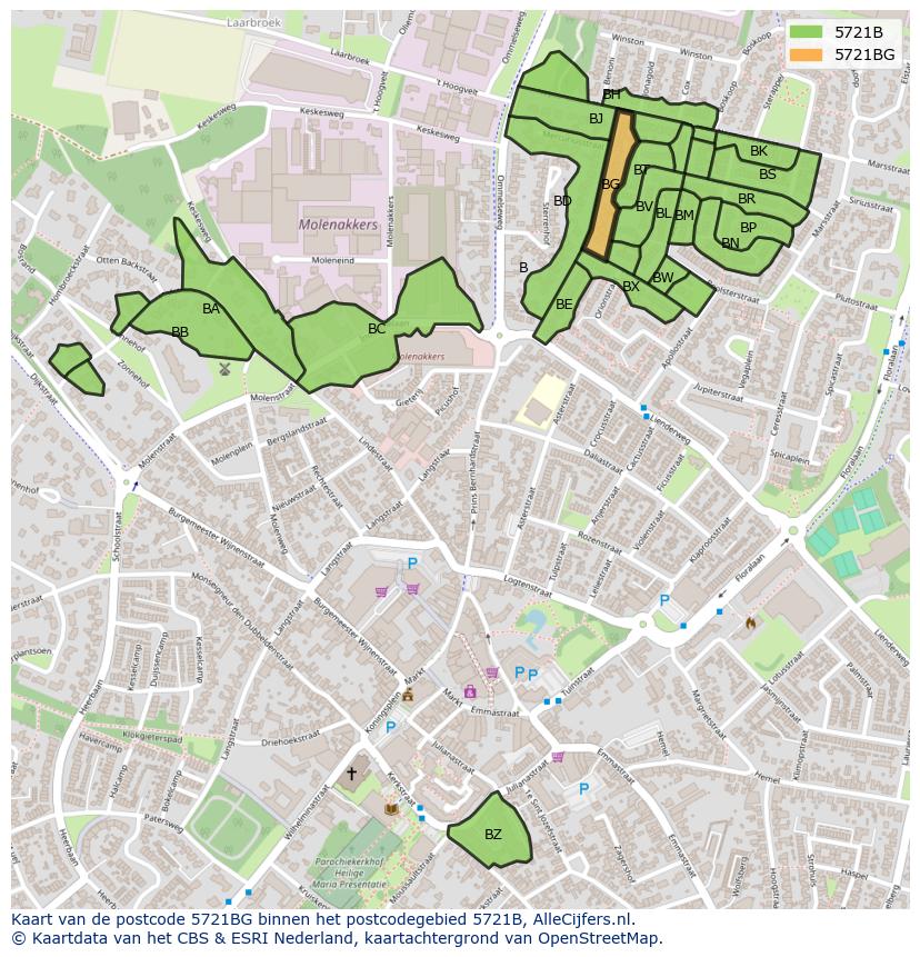 Afbeelding van het postcodegebied 5721 BG op de kaart.