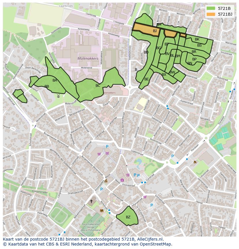 Afbeelding van het postcodegebied 5721 BJ op de kaart.