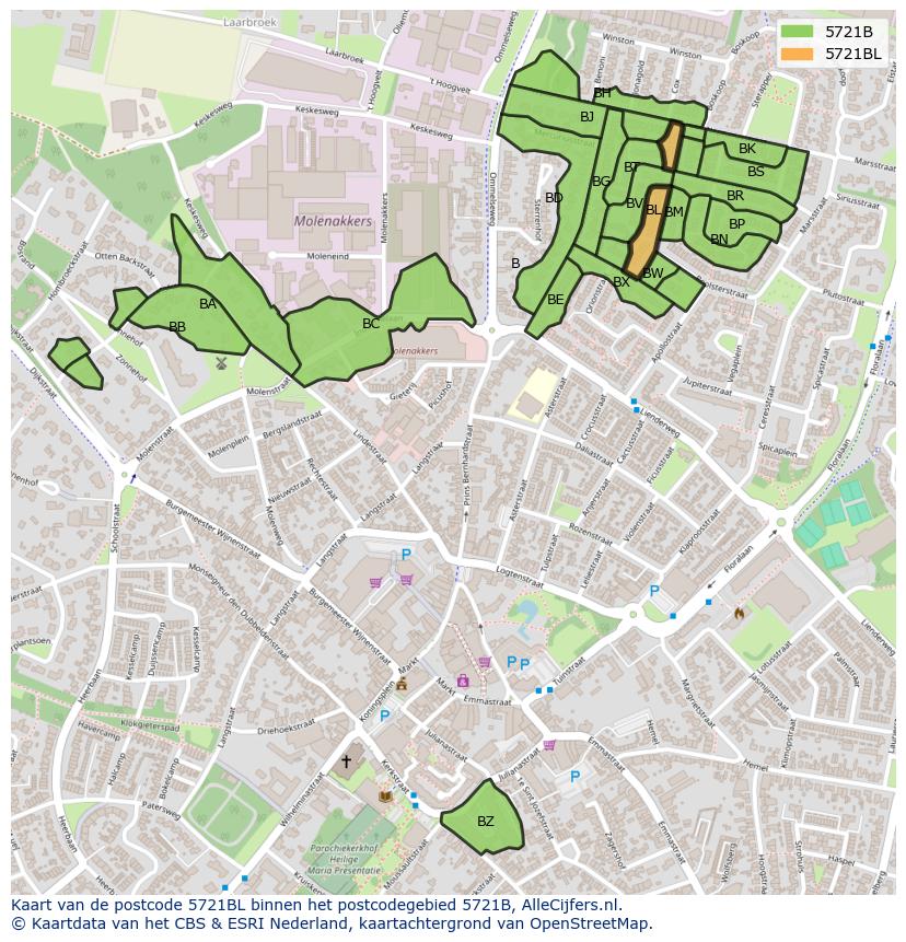 Afbeelding van het postcodegebied 5721 BL op de kaart.