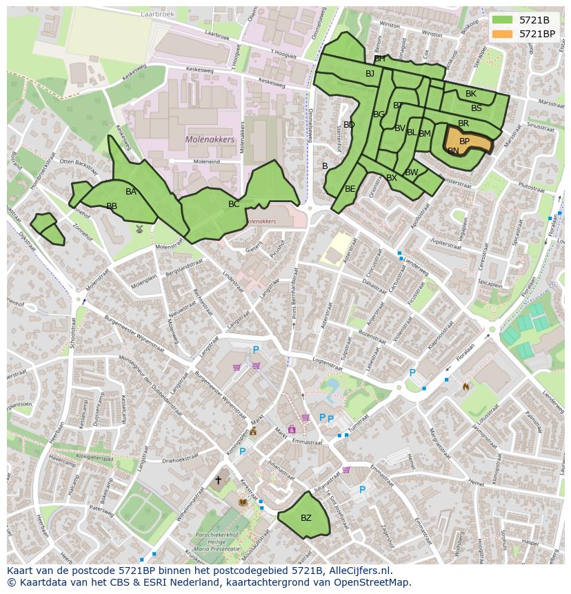 Afbeelding van het postcodegebied 5721 BP op de kaart.