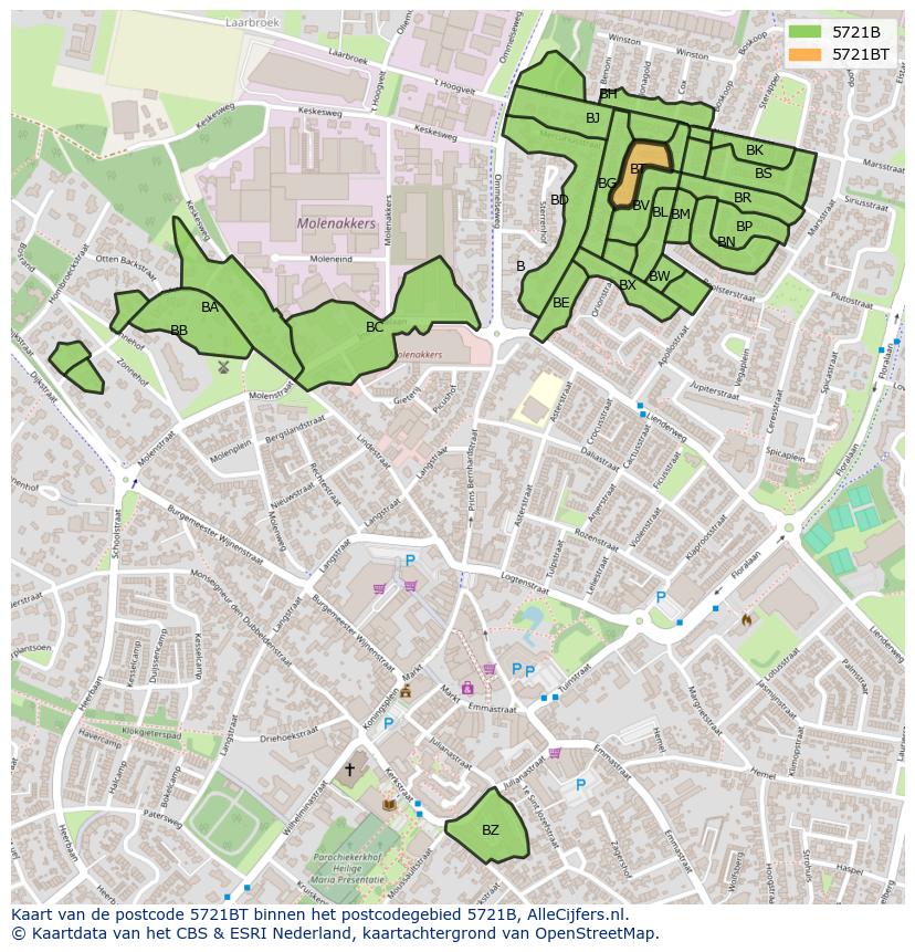 Afbeelding van het postcodegebied 5721 BT op de kaart.