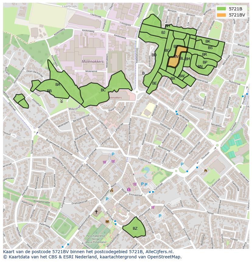 Afbeelding van het postcodegebied 5721 BV op de kaart.