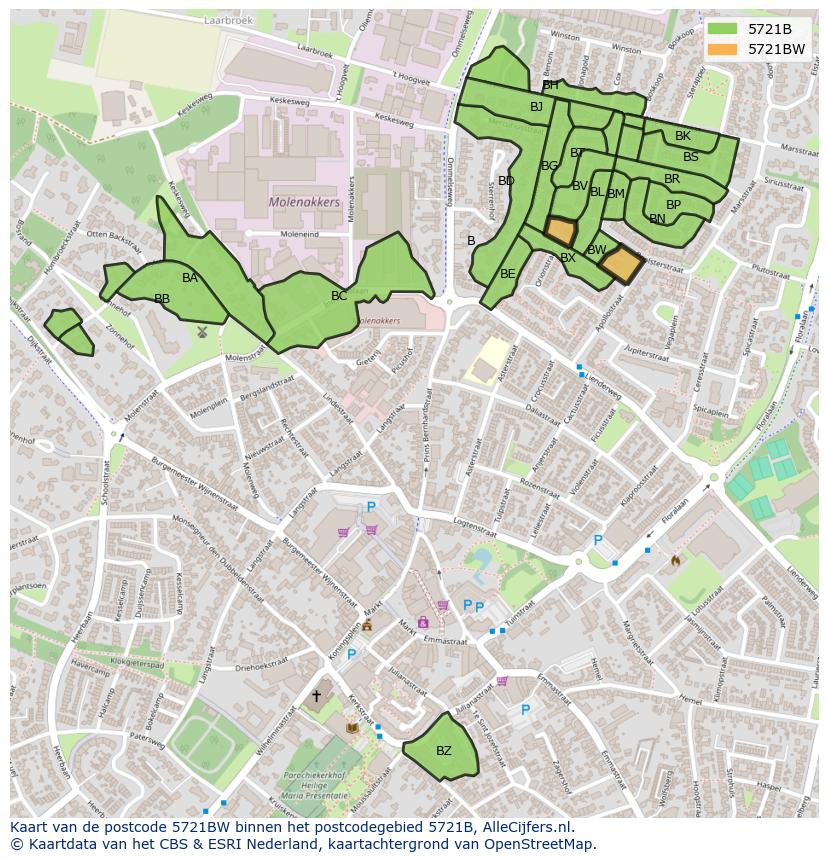 Afbeelding van het postcodegebied 5721 BW op de kaart.