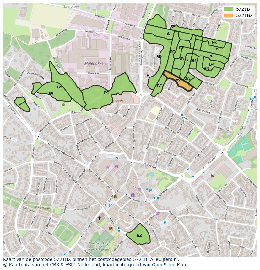 Afbeelding van het postcodegebied 5721 BX op de kaart.