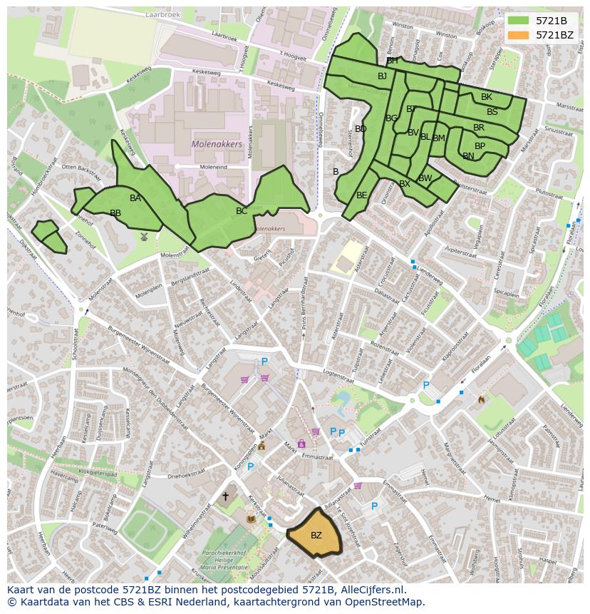 Afbeelding van het postcodegebied 5721 BZ op de kaart.