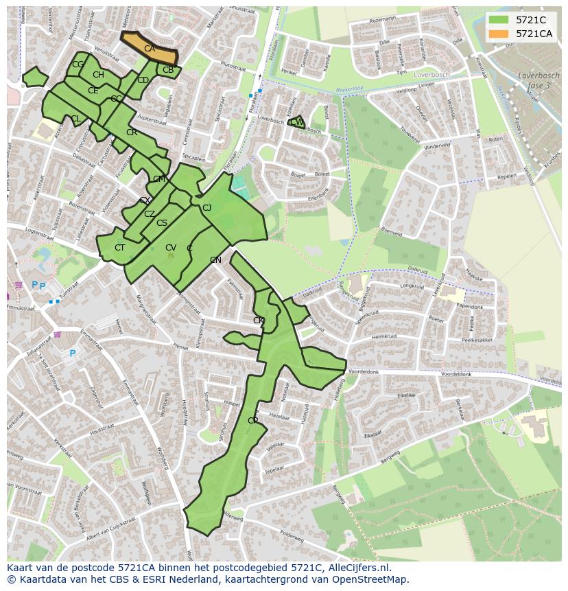Afbeelding van het postcodegebied 5721 CA op de kaart.