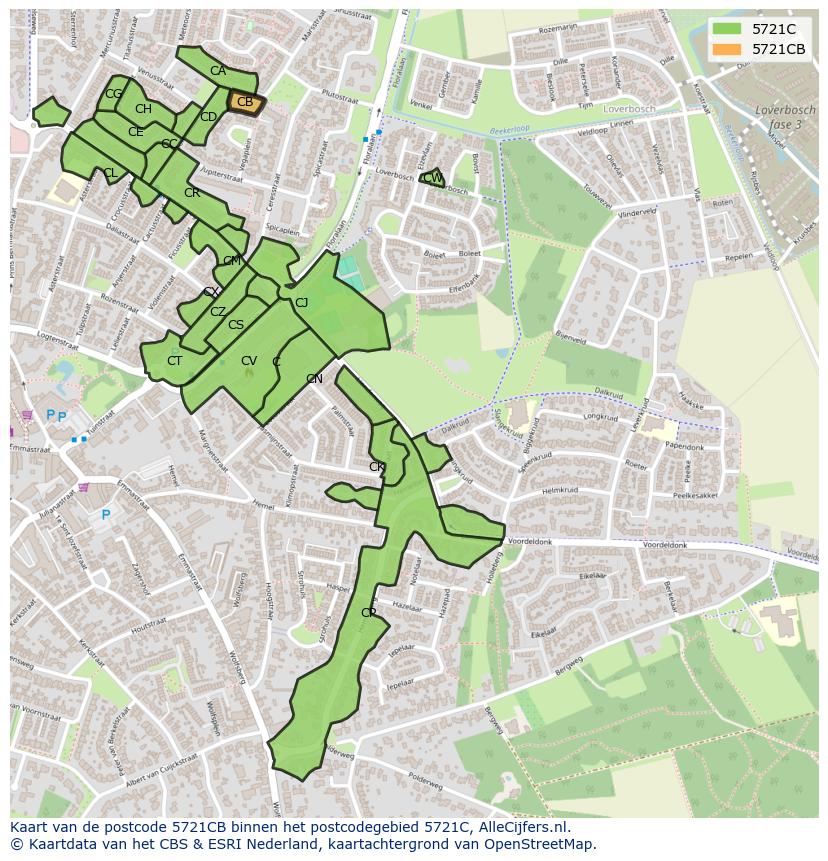 Afbeelding van het postcodegebied 5721 CB op de kaart.