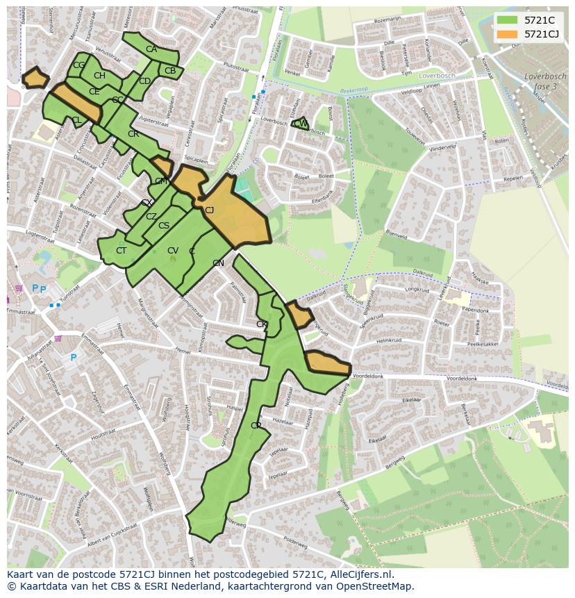 Afbeelding van het postcodegebied 5721 CJ op de kaart.