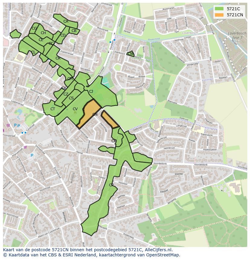 Afbeelding van het postcodegebied 5721 CN op de kaart.