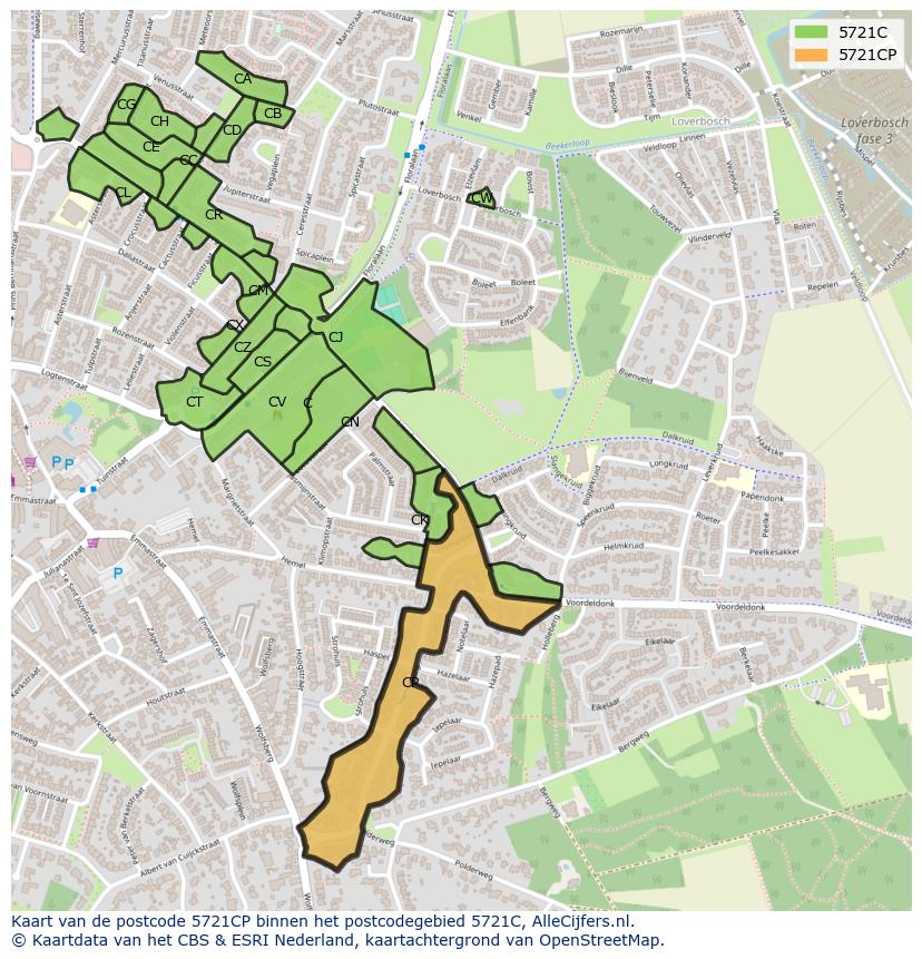 Afbeelding van het postcodegebied 5721 CP op de kaart.
