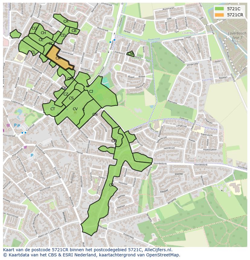 Afbeelding van het postcodegebied 5721 CR op de kaart.