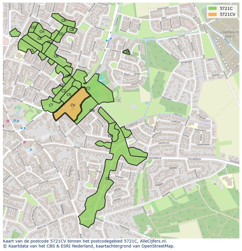 Afbeelding van het postcodegebied 5721 CV op de kaart.