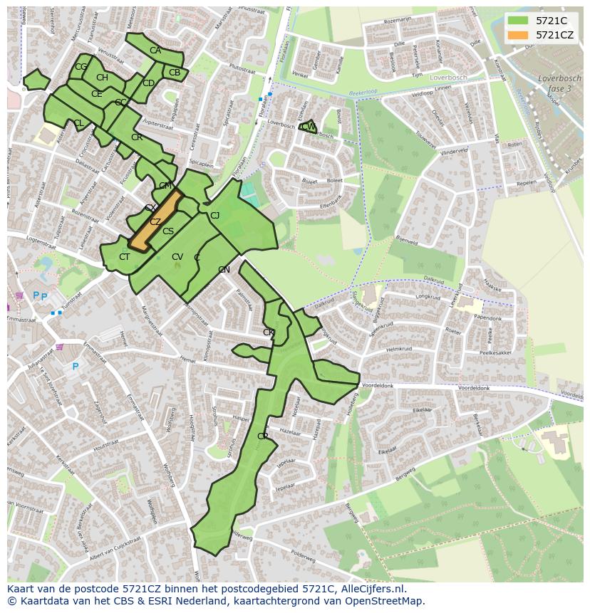 Afbeelding van het postcodegebied 5721 CZ op de kaart.