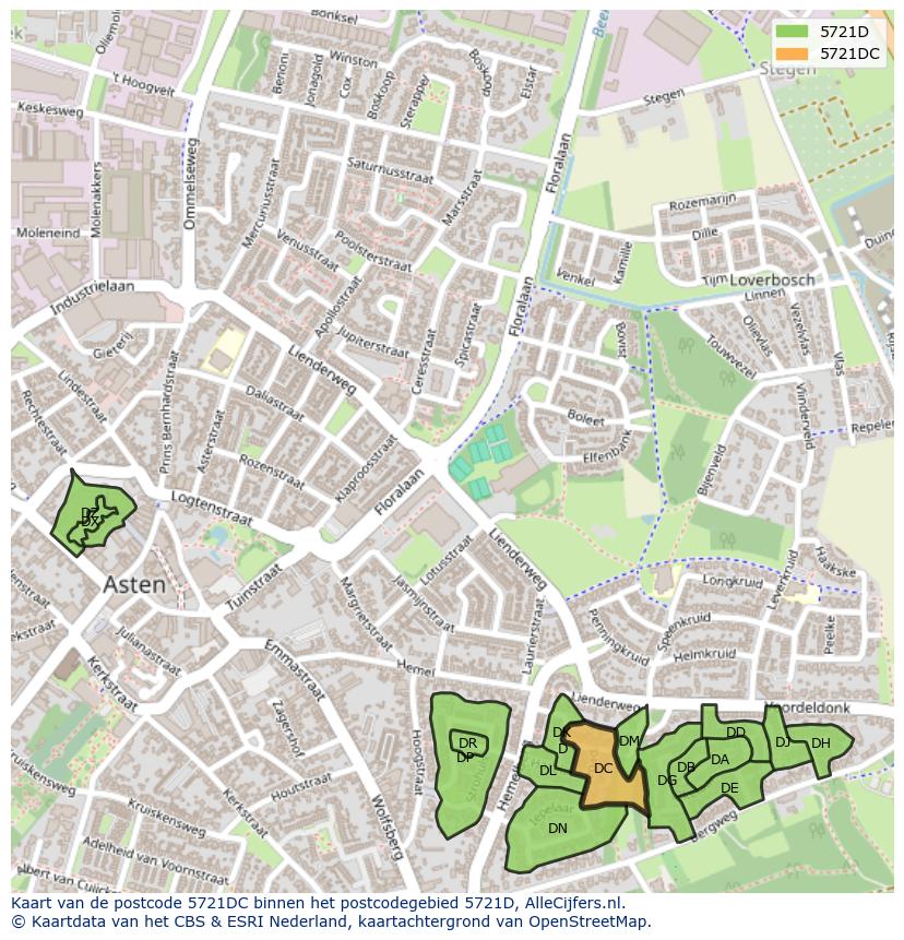 Afbeelding van het postcodegebied 5721 DC op de kaart.