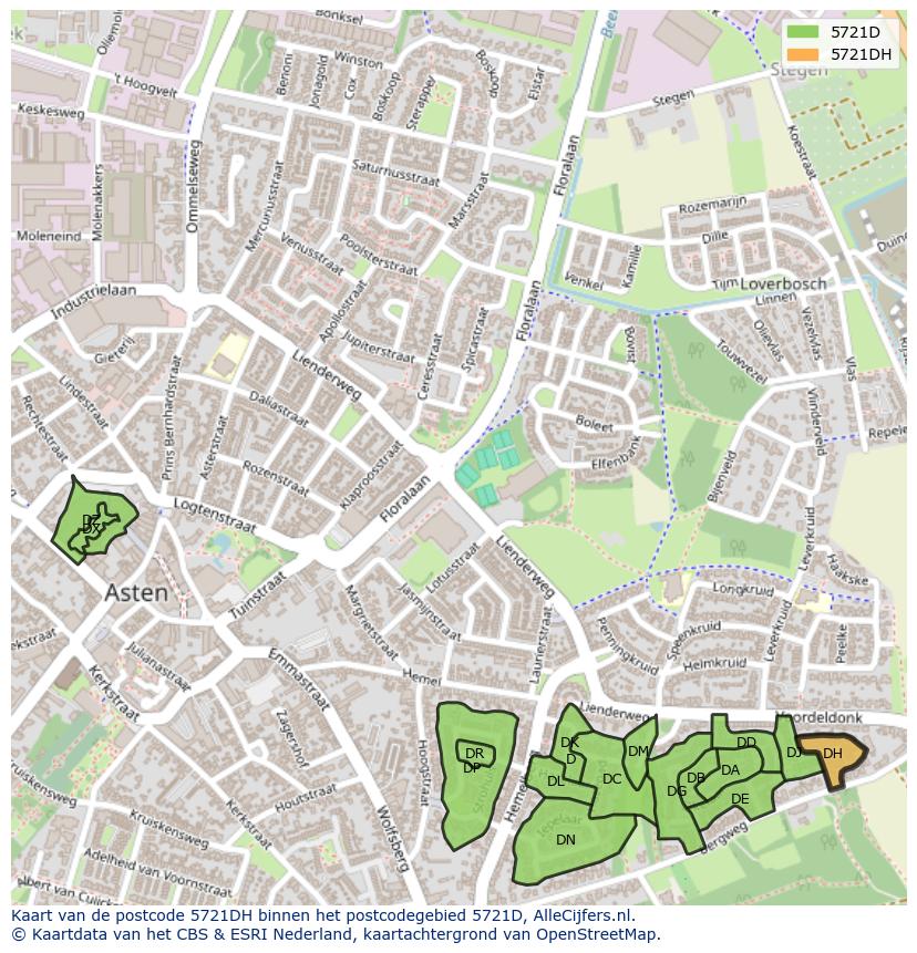 Afbeelding van het postcodegebied 5721 DH op de kaart.