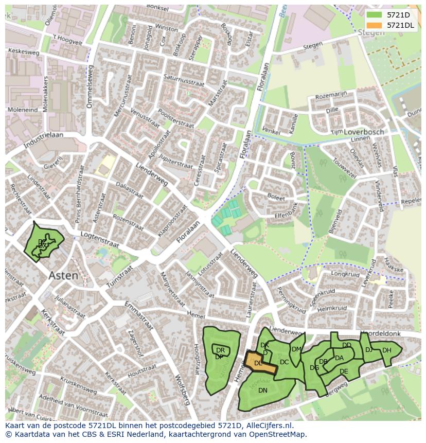 Afbeelding van het postcodegebied 5721 DL op de kaart.