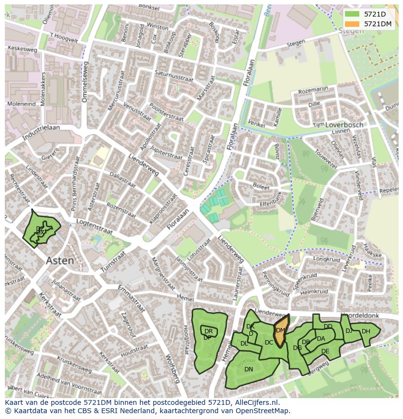 Afbeelding van het postcodegebied 5721 DM op de kaart.