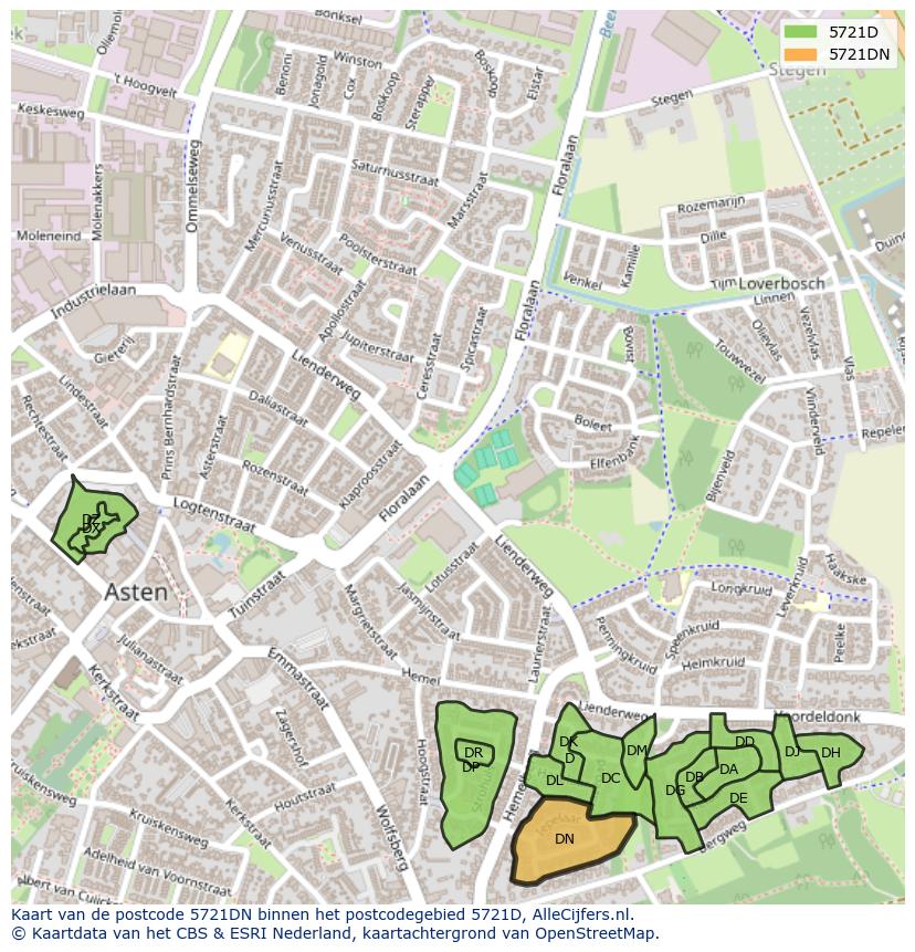 Afbeelding van het postcodegebied 5721 DN op de kaart.