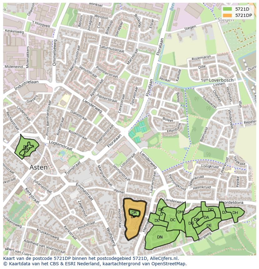 Afbeelding van het postcodegebied 5721 DP op de kaart.