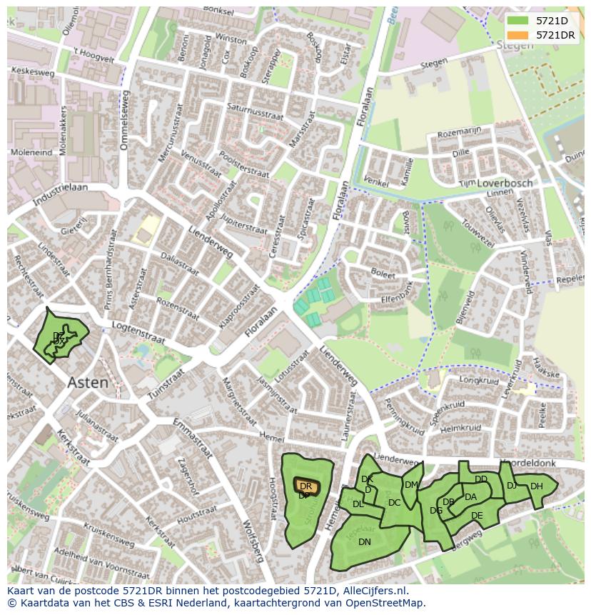 Afbeelding van het postcodegebied 5721 DR op de kaart.
