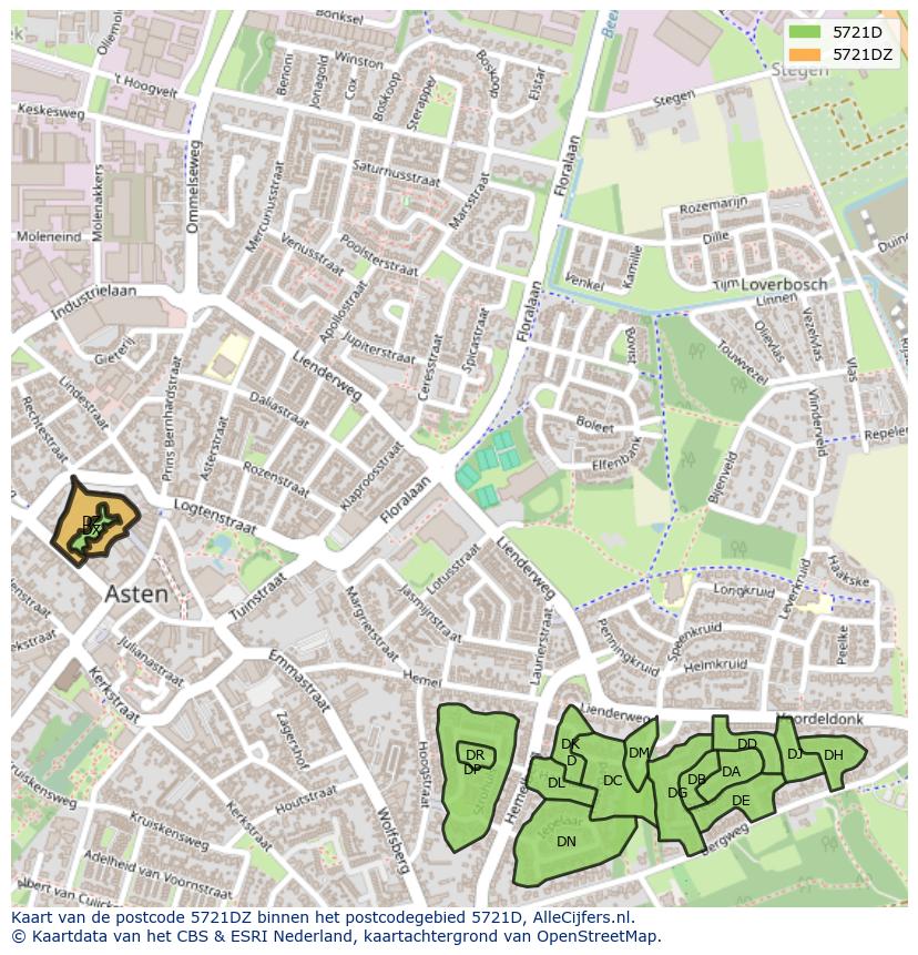 Afbeelding van het postcodegebied 5721 DZ op de kaart.