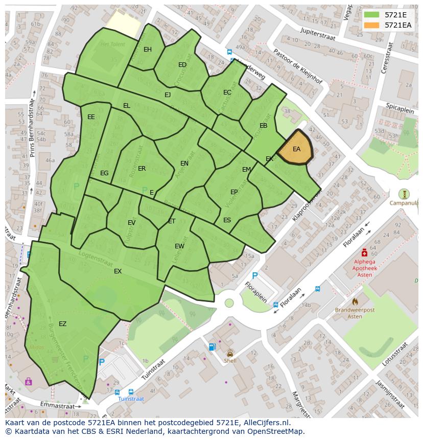 Afbeelding van het postcodegebied 5721 EA op de kaart.