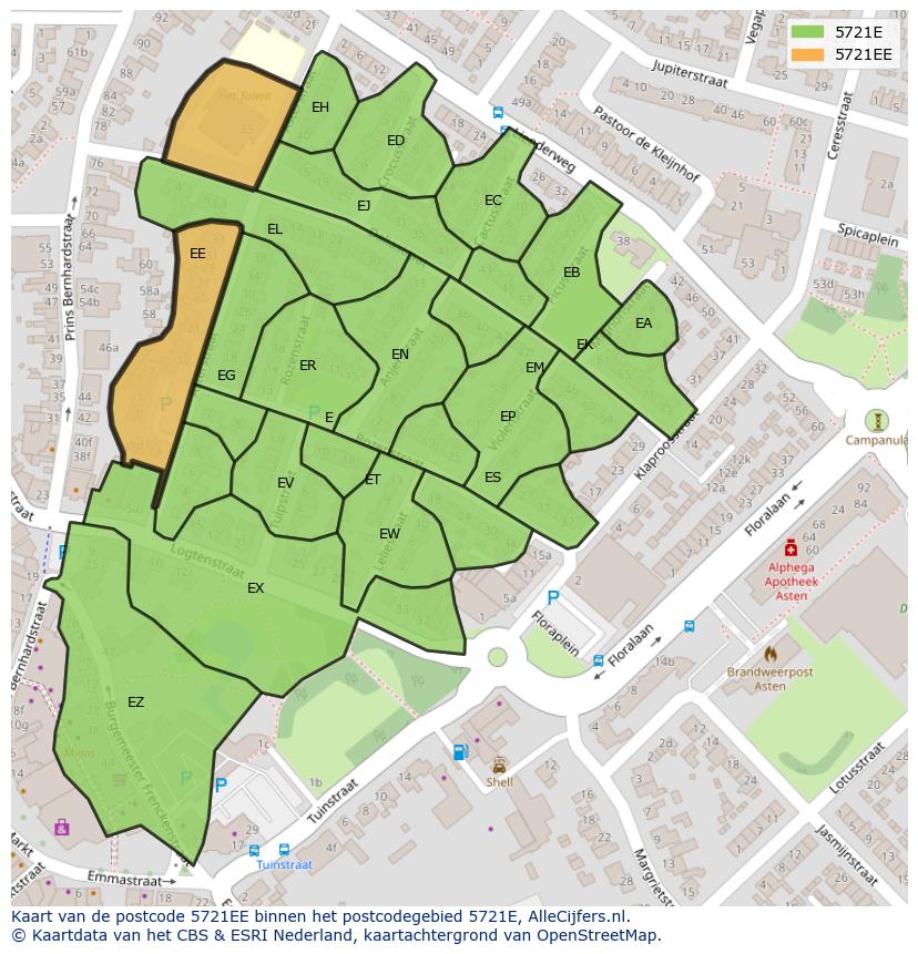 Afbeelding van het postcodegebied 5721 EE op de kaart.