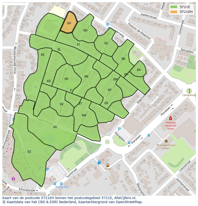 Afbeelding van het postcodegebied 5721 EH op de kaart.
