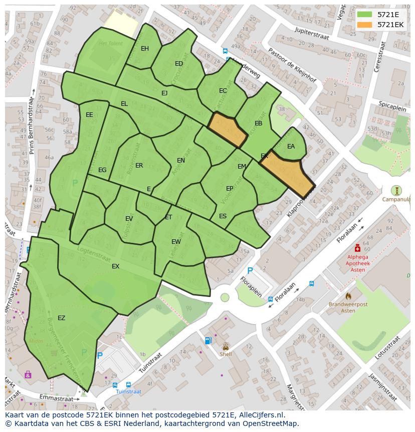 Afbeelding van het postcodegebied 5721 EK op de kaart.