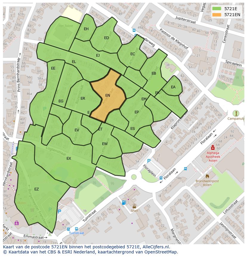 Afbeelding van het postcodegebied 5721 EN op de kaart.
