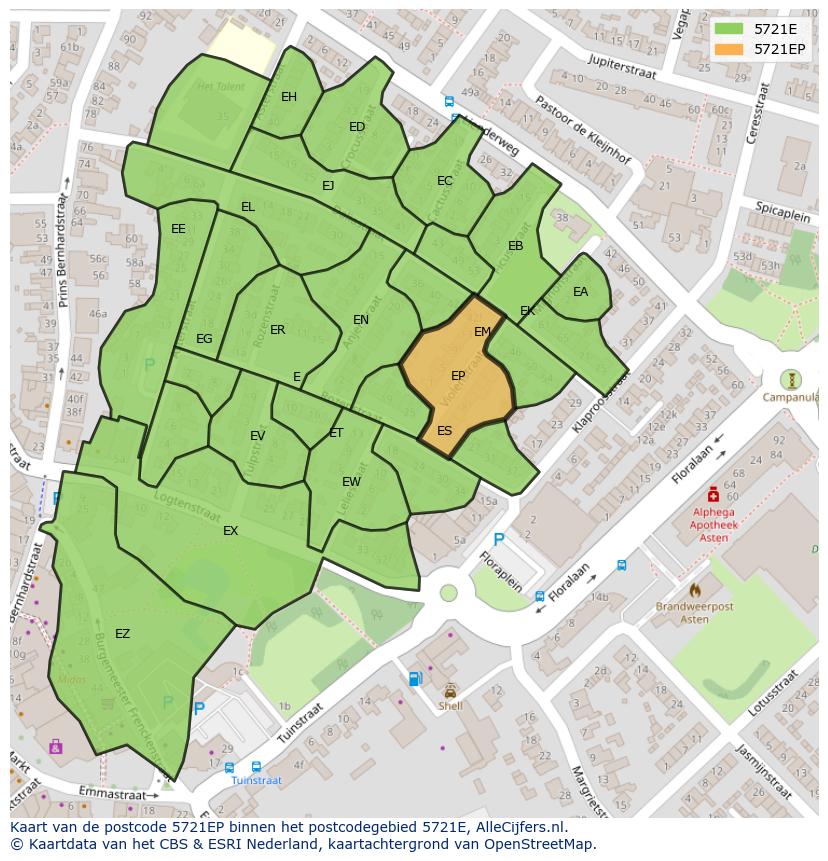 Afbeelding van het postcodegebied 5721 EP op de kaart.