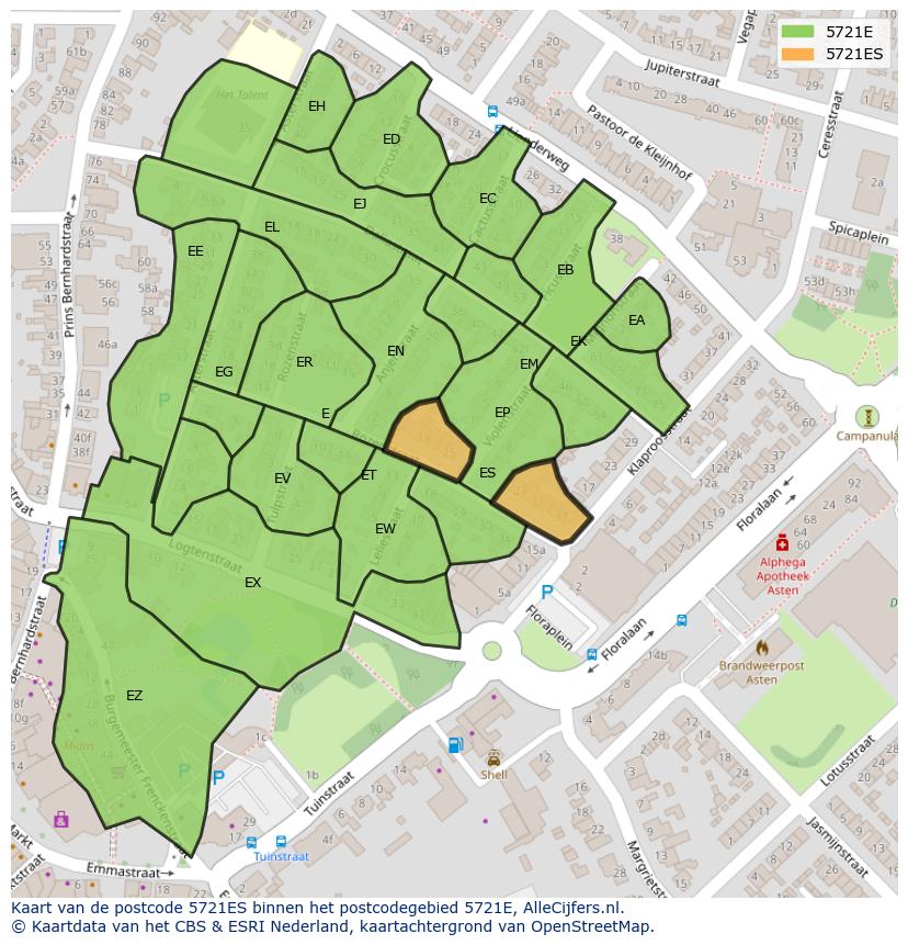 Afbeelding van het postcodegebied 5721 ES op de kaart.
