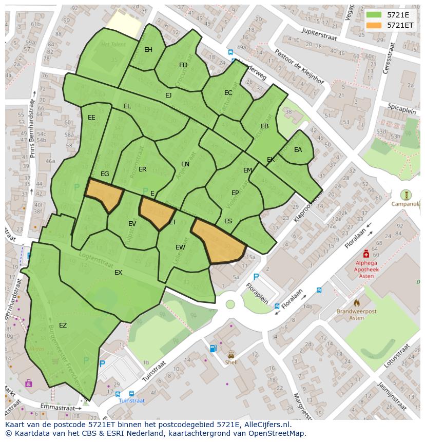 Afbeelding van het postcodegebied 5721 ET op de kaart.