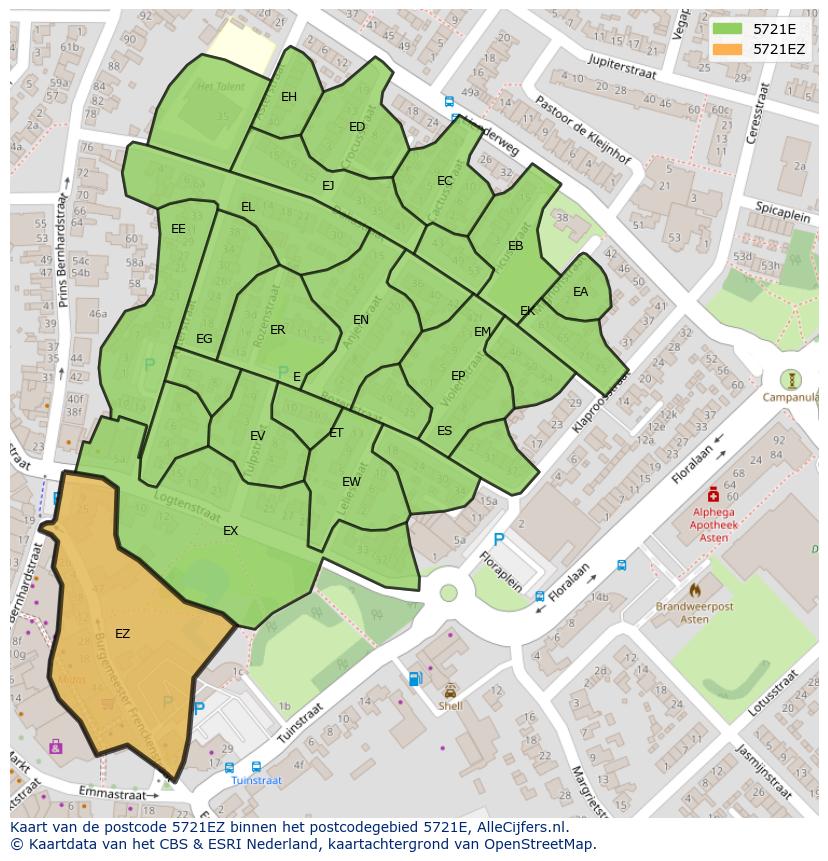Afbeelding van het postcodegebied 5721 EZ op de kaart.
