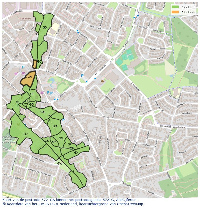 Afbeelding van het postcodegebied 5721 GA op de kaart.