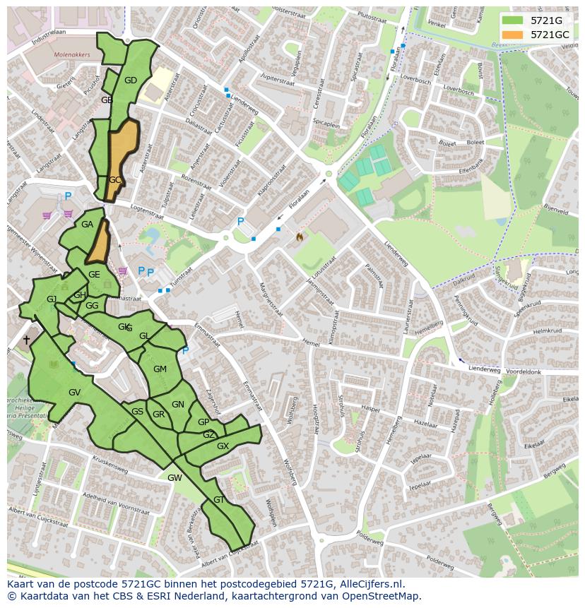 Afbeelding van het postcodegebied 5721 GC op de kaart.