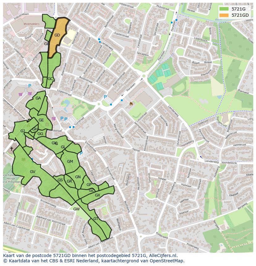 Afbeelding van het postcodegebied 5721 GD op de kaart.