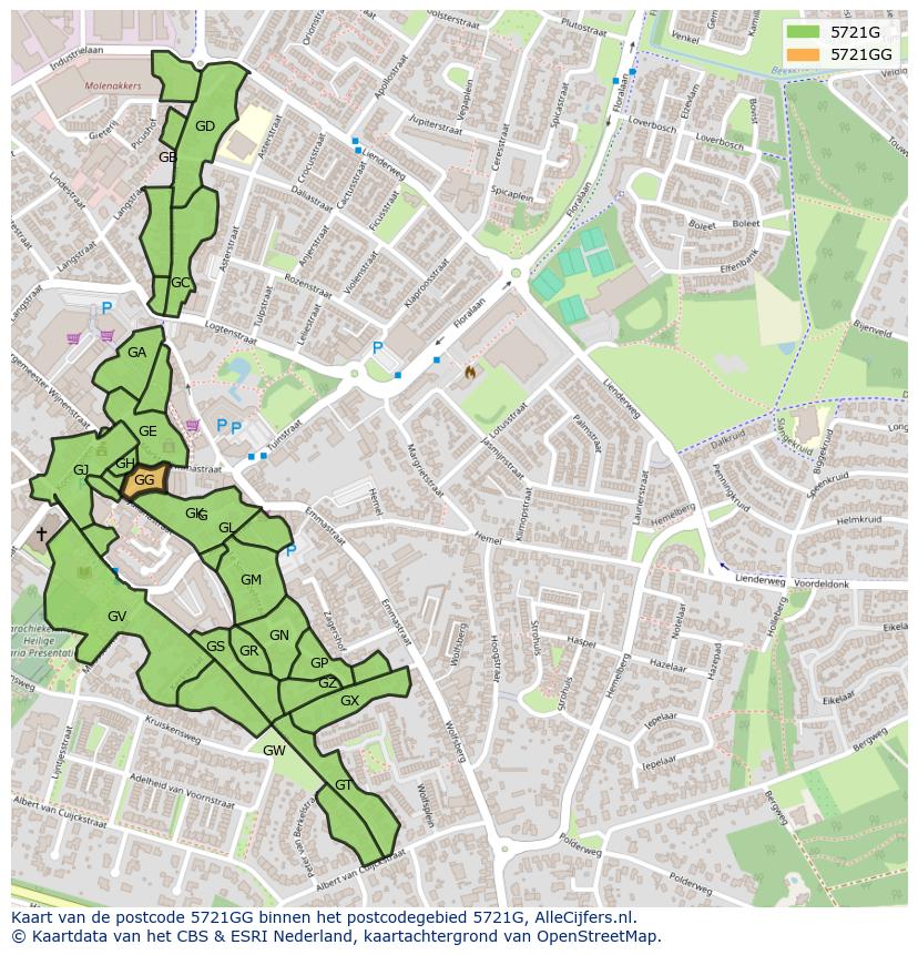 Afbeelding van het postcodegebied 5721 GG op de kaart.