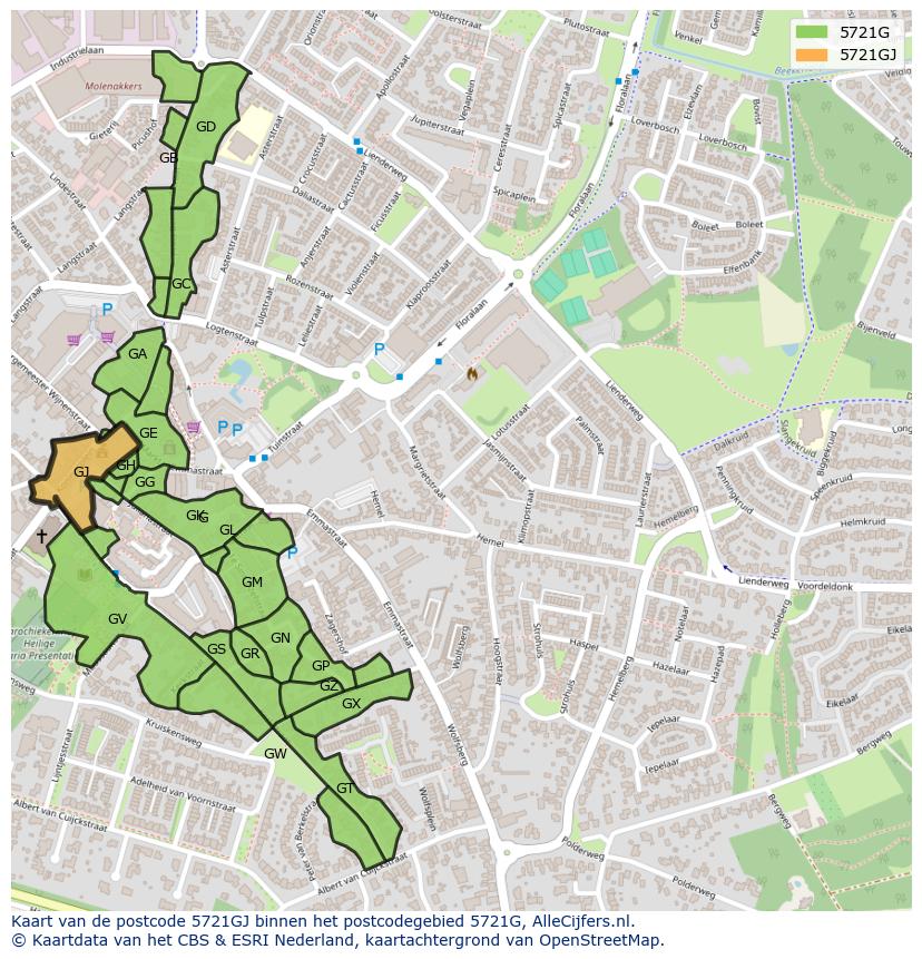 Afbeelding van het postcodegebied 5721 GJ op de kaart.