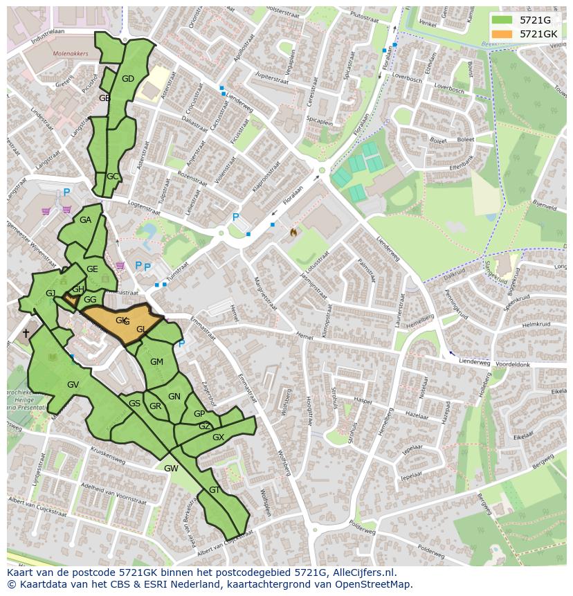 Afbeelding van het postcodegebied 5721 GK op de kaart.