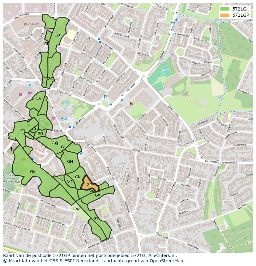 Afbeelding van het postcodegebied 5721 GP op de kaart.