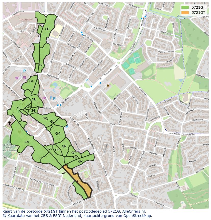 Afbeelding van het postcodegebied 5721 GT op de kaart.